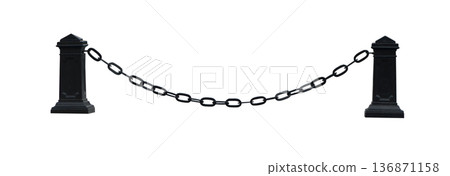 Stretched metal chain between the pillars on a white background in isolation 136871158