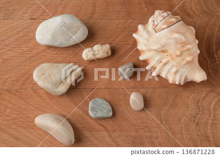 Smooth stones of various sizes and shells are scattered on the wood board 136871228