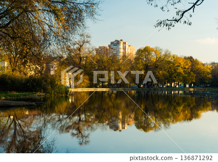 landscape, lakes park in autumn, which reflects part of the park landscape, lakes park in autumn, which reflects part of the park 136871292