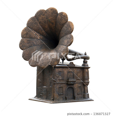 Gramophone, a monument in artistic performance, an ancient musical instrument on a white background isolated Gramophone, a monument in artistic performance, an ancient musical instrument on a white background isolated 136871327