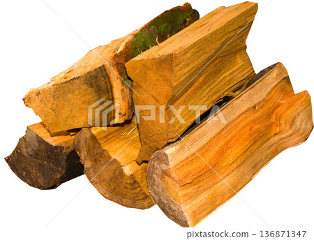 A pile of chopped firewood on a white background in isolation A pile of chopped firewood on a white background in isolation 136871347