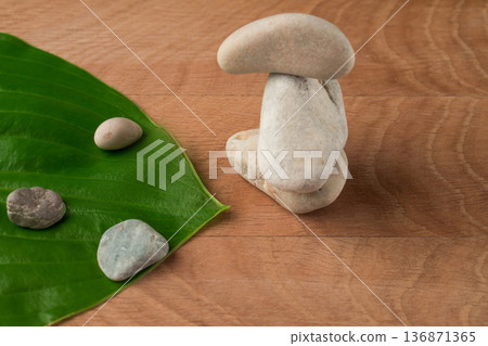 Green Leaves, Wayward Hosts and Stones of Various Velecheny on the Background of a Wooden Board 136871365