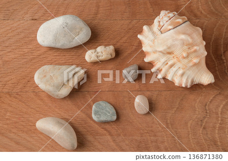 Smooth stones of various sizes and shells are scattered on the wood board 136871380