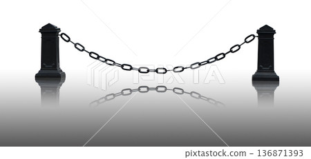 Stretched metal chain between poles with mirror reflection Stretched metal chain between poles with mirror reflection 136871393