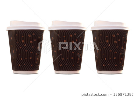 Three disposable coffee glasses with a lid on a white background in isolation Three disposable coffee glasses with a lid on a white background in isolation 136871395