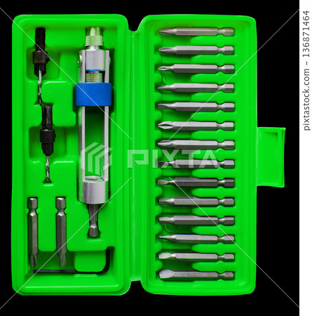 a set of nozzles for a screwdriver, isolated on a white background a set of nozzles for a screwdriver, isolated on a white background 136871464