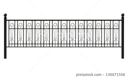 Span of metal fence with metal pillars on white background isolated Span of metal fence with metal pillars on white background isolated 136871508