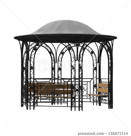 gazebo made of metal with wooden benches inside, on a white background in isolation gazebo made of metal with wooden benches inside, on a white background in isolation 136871514