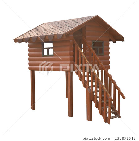 Wooden small house with a ladder, on a white background in isolation 136871515