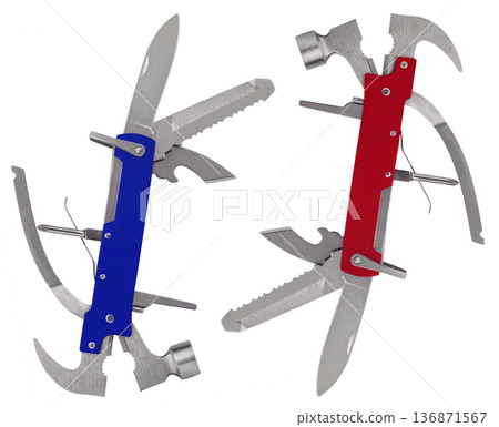 multifunctional knife multitool in the open state, on a white background in isolation multifunctional knife multitool in the open state, on a white background in isolation 136871567