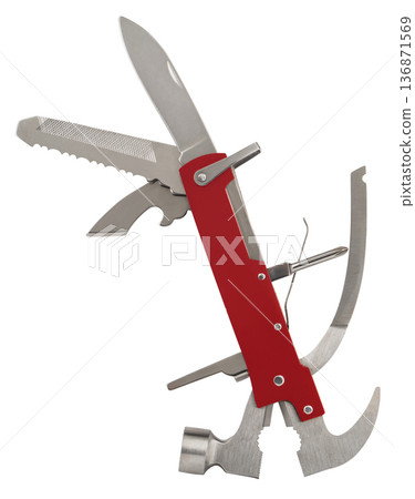 multifunctional knife multitool in the open state, on a white background in isolation 136871569