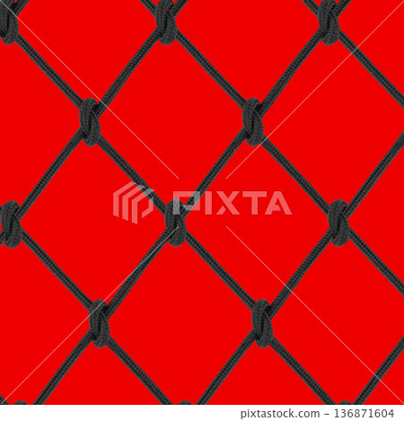 mesh of black braided rope on a red background 136871604