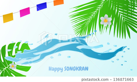 Songkran Thai New Year Water Festival Splash Vibrant flowers and joyful. For ads, web design, marketing. Vector illustration. Songkran Thai New Year Water Festival Splash Vibrant flowers and joyful. For ads, web design, marketing. Vector illustration. 136871663