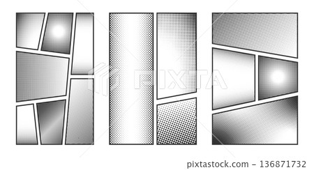 Set of comic manga panels with halftone backgrounds. Anime cartoon page samples with dotted gradient textures. Storyboard templates with polka dot patterns. Vector graphic illustration 136871732