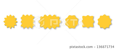 Collection of yellow round and rectangular stickers with wavy edges and shadows. Cute geometric forms with scalloped borders. Empty boxes, stickers, tags or labels. Vector flat illustration. Collection of yellow round and rectangular stickers with wavy edges and shadows. Cute geometric forms with scalloped borders. Empty boxes, stickers, tags or labels. Vector flat illustration. 136871734