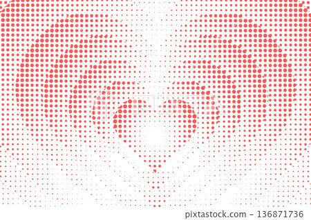 Concentric dotted pink heart shapes background. Love theme banner with trendy pixel, grain or halftone texture isolated on white background. Valentine Day wallpaper. Vector graphic illustration 136871736