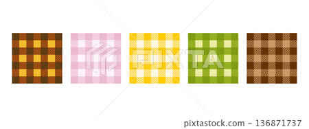Set of classic checkered gingham or vichy pattern samples. Tablecloth, blanket, picnic plaid, basket napkin, handkerchief or towel textures. Wrapping paper or fabric design. Vector flat illustration 136871737