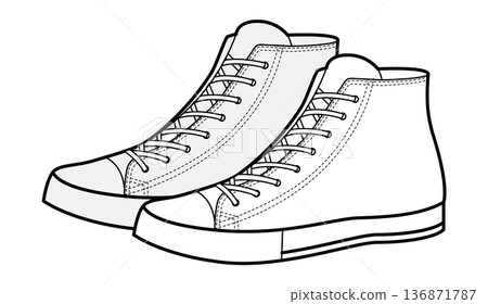 High top canvas sneakers shoe sketch pair. Retro street footwear for skate culture, music scene, youth style man woman  136871787