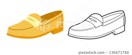 Yellow loafer shoe women flat plus line set. Strap front casual footwear for branding poster lifestyle project.  136871788