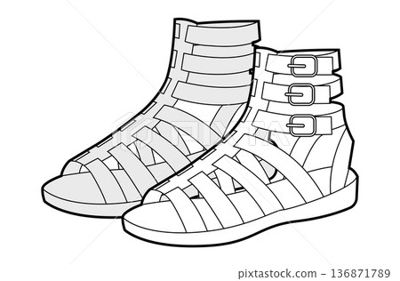 Gladiator wedge sandal shoe women sketch pair. Buckle strap high gladiator sandal for bold summer outfit. Gladiator wedge sandal shoe women sketch pair. Buckle strap high gladiator sandal for bold summer outfit. 136871789