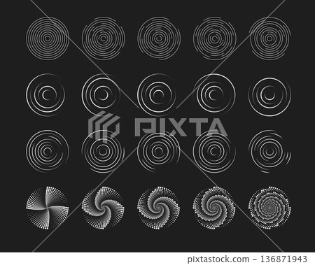 Set of white circular ripple or vortex symbols on black background. Concentric circles with broken lines. Centrifuge, whirlpool, sonar or sound wave, sunburst or signal signs. Vector illustration 136871943