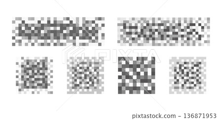 Set of censor blur checkered textures on white background. Mosaic pixelated patterns to hide text, image or another prohibited, restricted or adult only sensitive content. Vector graphic illustration 136871953