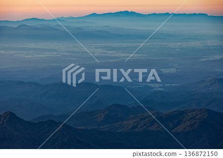 View of the mountains in the morning mist from Mount Chokai and the Seven High Mountains 136872150
