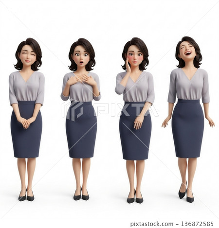Full-body view of a young female office worker with four facial expressions Full-body view of a young female office worker with four facial expressions 136872585