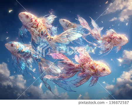 Watercolor illustration of a carp streamer swimming in the blue sky Watercolor illustration of a carp streamer swimming in the blue sky 136872587