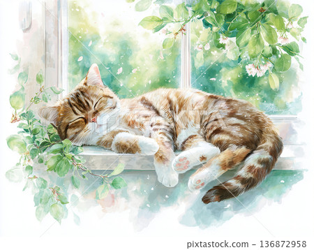 水彩插畫，描繪了一隻貓在翠綠的窗台上打盹的情景。 136872958