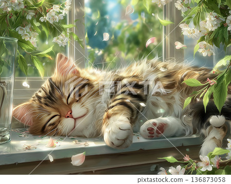 水彩插畫，描繪了一隻貓在翠綠的窗台上打盹的情景。 136873058