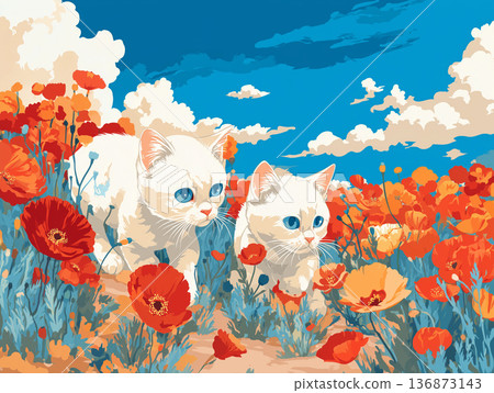 一隻貓在罌粟田中行走的插圖 136873143