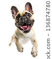 Playful funny French bulldog pet dog jumping isolated PNG cutout, transparent background. Active happy healthy doggy playing, good boy 136874780