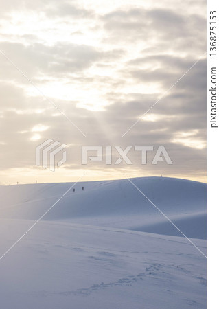 Tottori Sand Dunes: Snow-covered scenery dyed in the setting sun Tottori Sand Dunes: Snow-covered scenery dyed in the setting sun 136875153