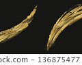 Abstract dark Japanese style banner with two curved gold brush strokes on a black background 136875477