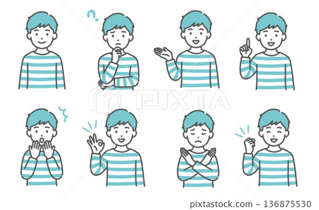 Boy (child) facial expression and pose illustration set (upper body, 8 types) Boy (child) facial expression and pose illustration set (upper body, 8 types) 136875530