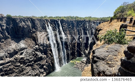 贊比亞維多利亞瀑布，旱季，岩壁和瀑佈景觀，陽光明媚的白天，旅遊背景素材 136876465