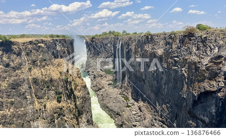 陽光明媚的旱季，維多利亞瀑布和河流風光，旅遊背景素材 136876466