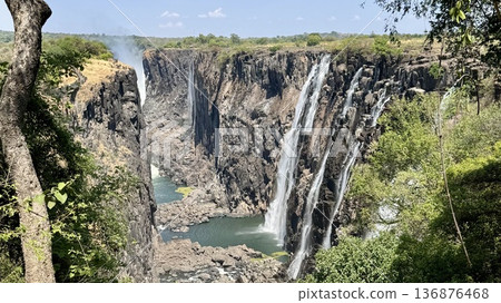 贊比亞維多利亞瀑布穀旱季景色。在陽光燦爛的日子裡，瀑布從懸崖間奔流而下。旅遊背景素材。 136876468