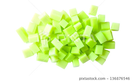 Green celery cubes stacked on a transparent background, representing wellness and nutrition during National Celery Month celebrations 136876546