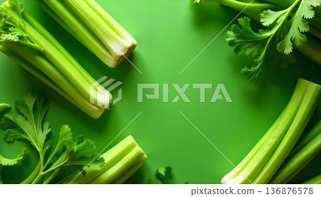 Vibrant green backdrop with celery and various vegetables, celebrating National Celery Month and healthy snacking 136876578