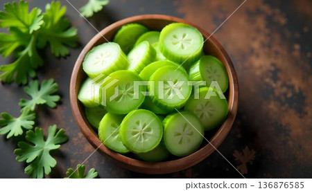 Celery stalks arranged in a bowl on a wooden table, emphasizing clean eating and the joy of fresh, nutritious foods 136876585