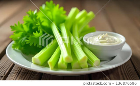 A plate of crisp celery sticks served with dip, highlighting a healthy snack for National Celery Month celebrations 136876596
