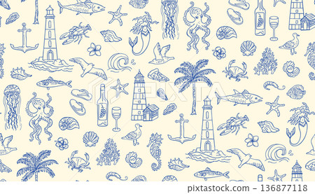 Hand Drawn Coastal Living Seamless Pattern Ocean Doodle Mediterranean Summer Mood Seaside Aesthetic 136877118
