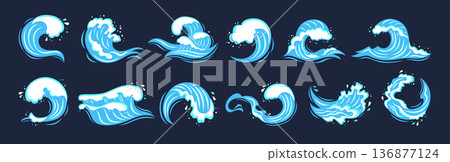 Sea Wave Set Various Water Splashes Flowing Waves Abstract Ocean Shapes Graphic Fluid Aquatic Forms 136877124