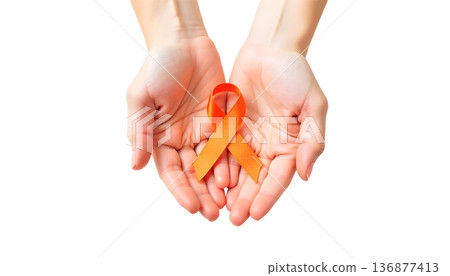 Hands holding an orange ribbon on a transparent background, symbolizing support for leukemia and blood cancer awareness Hands holding an orange ribbon on a transparent background, symbolizing support for leukemia and blood cancer awareness 136877413