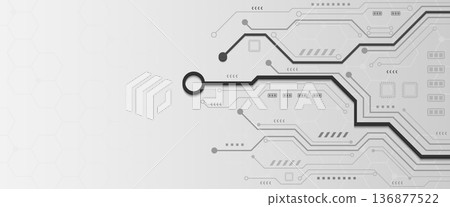 Grey circuit board lines with bold black data path on white background Grey circuit board lines with bold black data path on white background 136877522