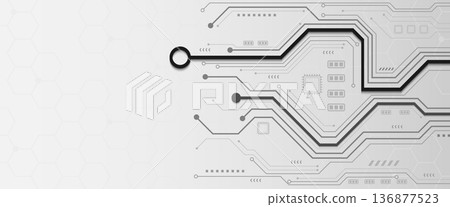 Grey circuit board lines with bold black data path on white background 136877523