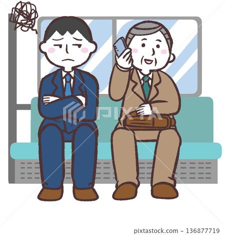 Illustration of an office worker talking on a train and annoyed passengers Illustration of an office worker talking on a train and annoyed passengers 136877719