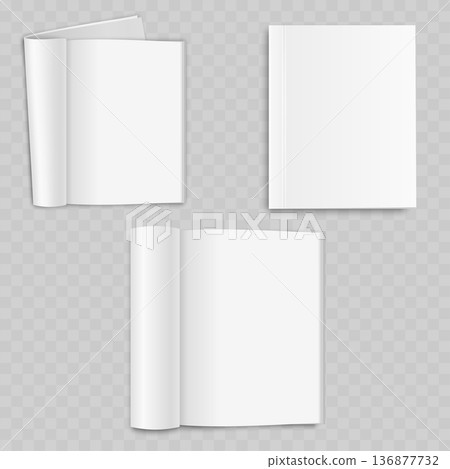 Realistic White Magazine Mockup Set. Vector Open, Closed and Rolled Brochure Templates. 136877732